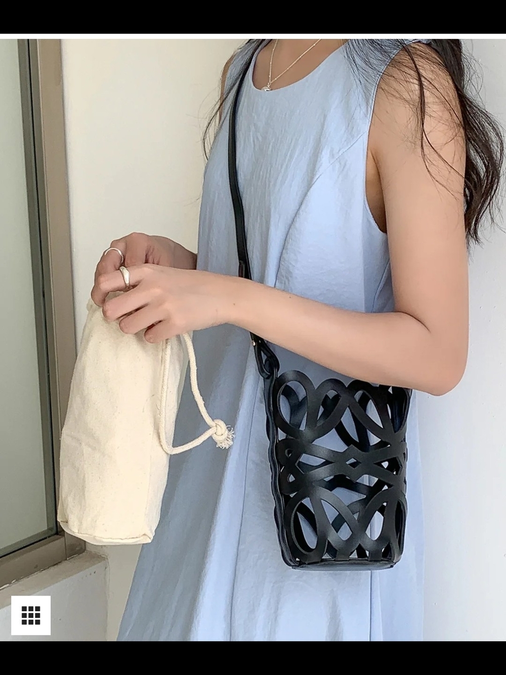 crossbody Bucket Bag with White Canvas Insert - Picture 4 of 7